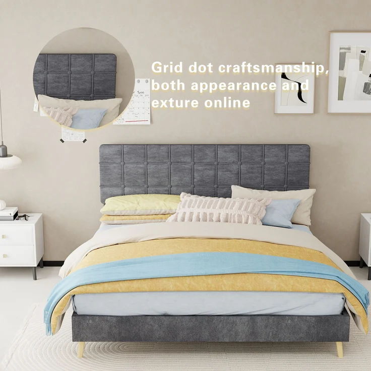 Novelux Polsterbett 160x200 cm mit gepolstertem Kopfteil im Karomuster - Stabiles Stoffbett Doppelbett mit Massivholzfüßen, Dunkelgrau, Skandinavisch – Bild 4