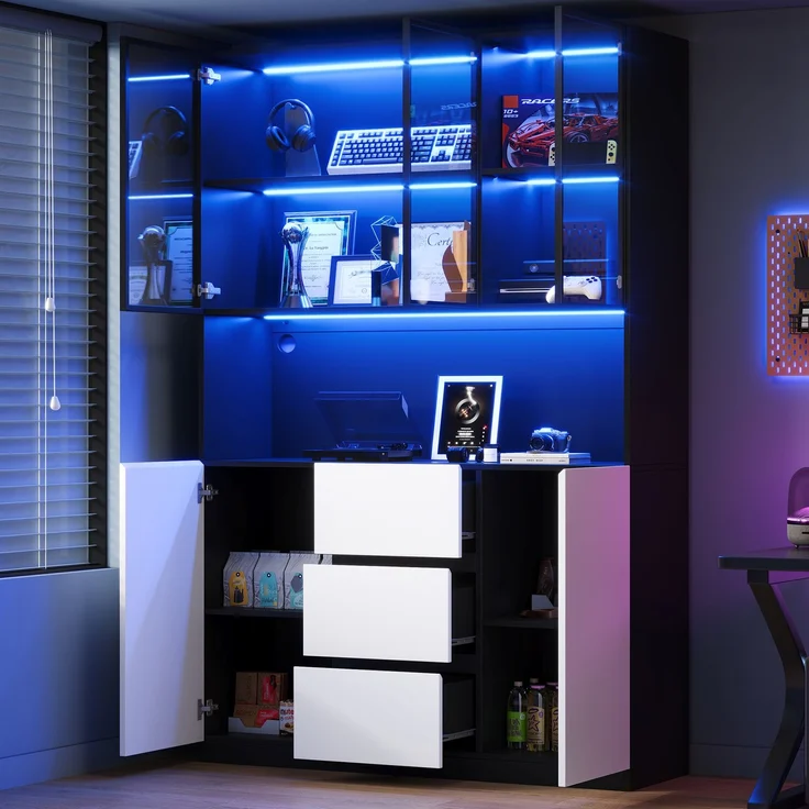 ZUBALIYA LED-beleuchtete Glasvitrine 120×40×200 cm – Vitrine aus gehärtetem Glas mit offenen Regalen, drei Schubladen und zwei Türen. Ein vielseitiger Schrank, der sich für Wohn- und Esszimmer eignet. – Bild 3