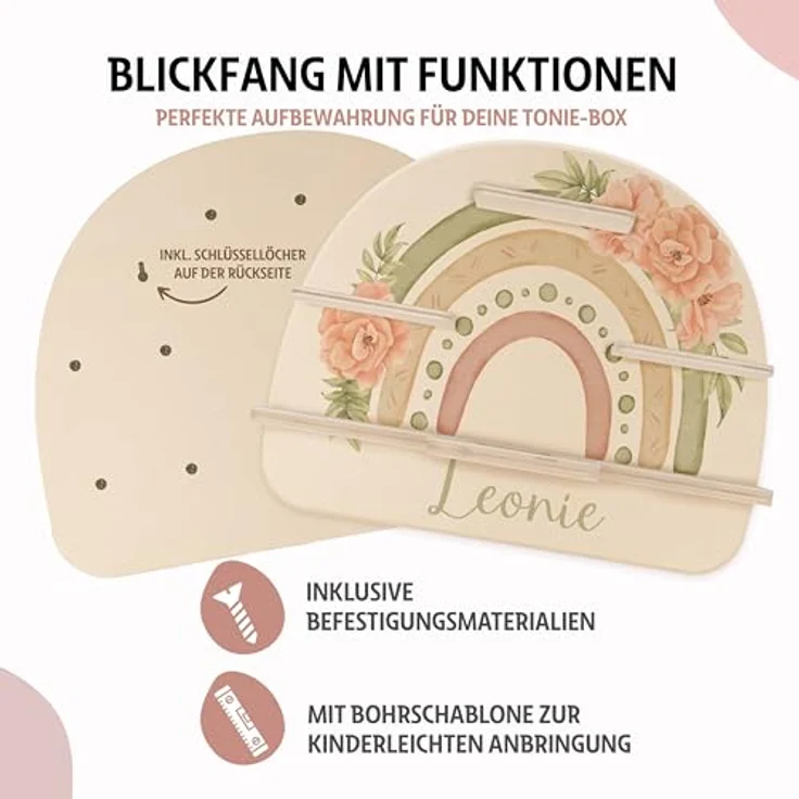Kidsmood - Tonie Regal Mädchen mit Schutzfolie, Magnetisches Regenbogen Wandregal fürs Kinderzimmer, Aussparung für Ladegerät & Kabel – Geschenk für kleine Prinzessinnen mit Blumen Muster – Bild 4