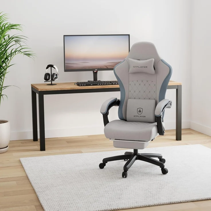 GTPLAYER Gaming Stuhl Ergonomischer Gaming Sessel Schreibtischstuhl mit Stoffoberfläche, Federsitzkissen, Verbindungsarmlehnen und Fußstütze grau – Bild 2