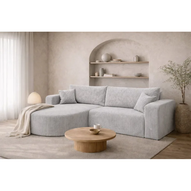 Kaiser Möbel Ecksofa mit Schlaffunktion für Wohnzimmer, Cordstoff Poso, ROUND ONE, abgerundete Form, Liegefunktion, Stauraum, modernes Design