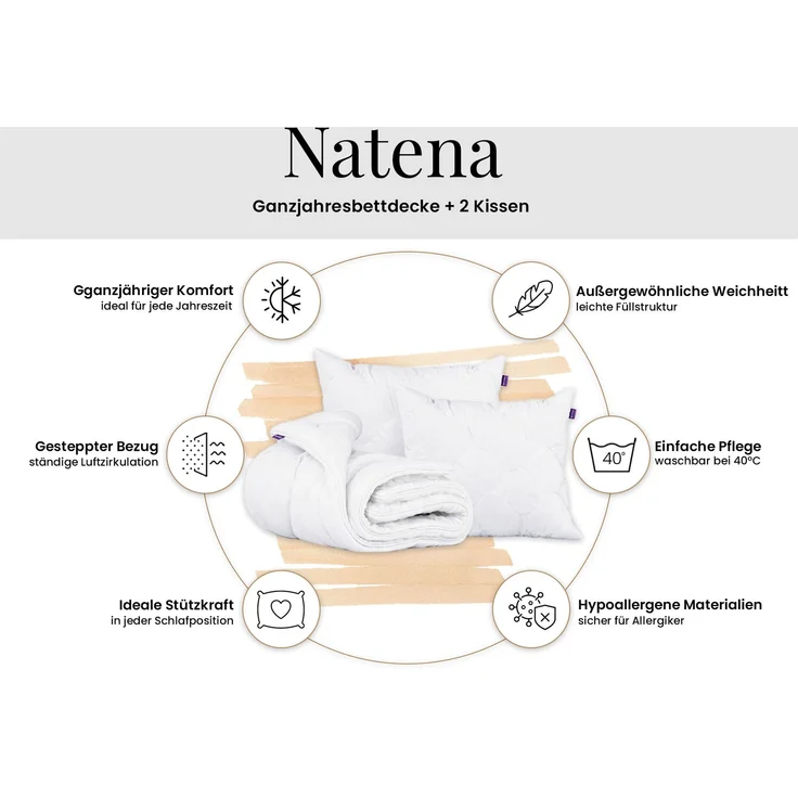 NATENA 3-teiliges Bettdecken-Set 200 x 220 cm inkl. 2 Kissen 40 x 80, Ganzjahresbettdecke, Hypoallergen & Waschbar, Atmungsaktiv & Weich – Bild 2