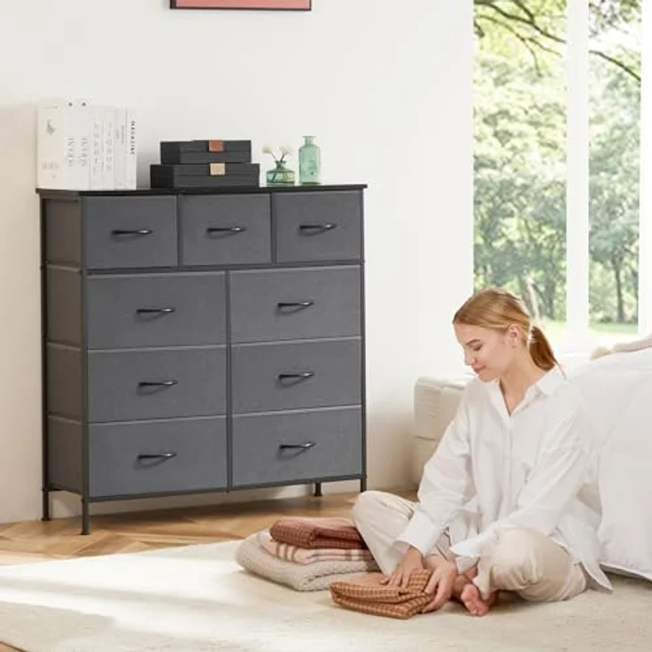 Sweetcrispy Kommode für Schlafzimmer, breite Schublade Kommode, 9 Stoffschubladen mit Griffen, Schubladen aus Stoff, Schrank, TV Stand für Schlafzimmer, Schrank, Wohnzimmer, Kinderzimmer – Bild 3