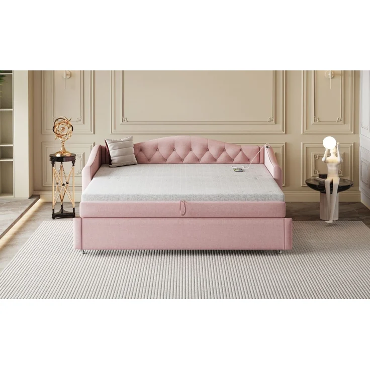 Polsterbett Ausziehbares Schlafsofa, 90*200 cm, Mit USB-Anschluss, Klassische Form mit Knöpfen mit Lattenrost, Multifunktionsbett - Gästebett, Leinenstoff, Grau (Matratze nicht enthalten) – Bild 6
