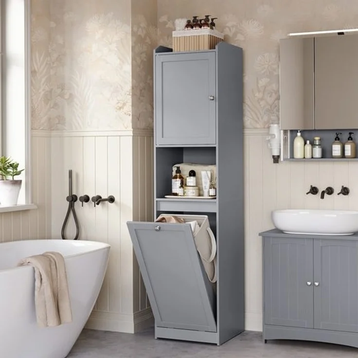 Vasagle Badezimmerschrank mit Wäschekorb, Holzwerkstoff grau, 40 x 40 x 170 cm – Bild 1
