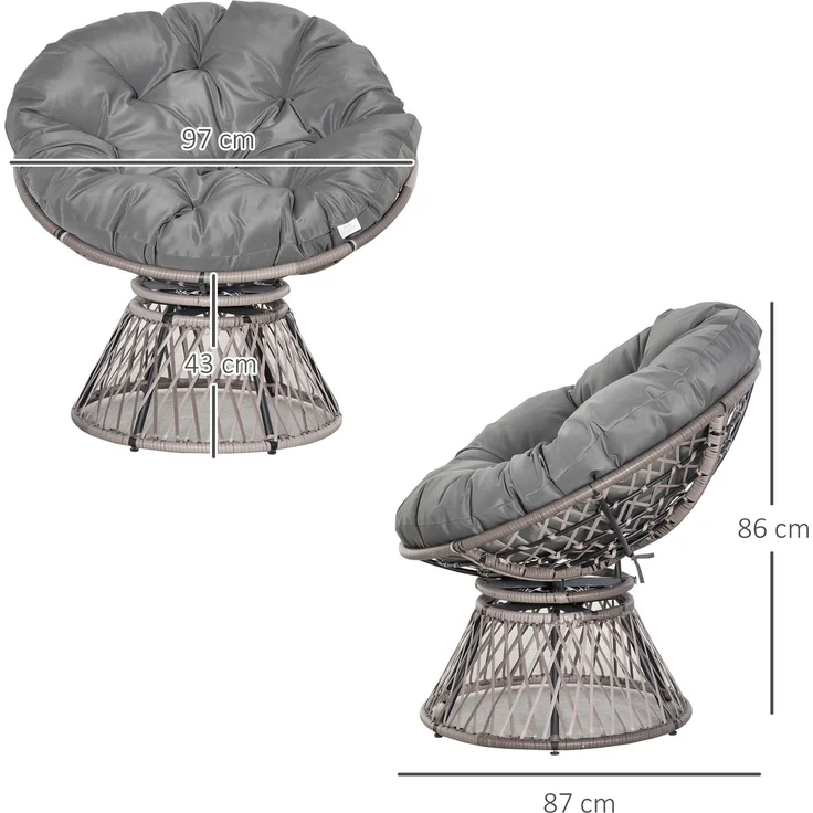 Runder Garten-Sessel, drehbarer Papasan-Sessel, Ø 97 x 86H cm, großes Kissen im Lieferumfang enthalten, Polyester-Geflecht – Bild 5