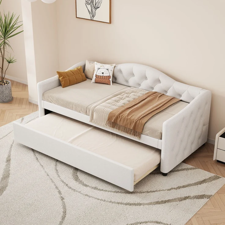 Merax Daybett, 90x200cm Tagesbett mit ausziehbarem Bett,Schlafsofa, Einzelbett(Ohne Matratze), Leinen, minimalistisches Styling, beige – Bild 2