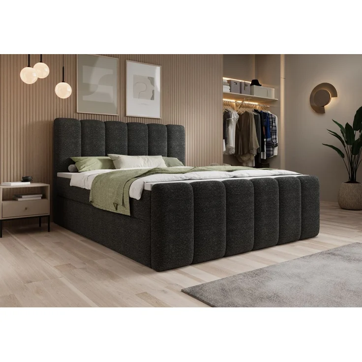 thematys Boxbett mit Bettkasten 160x200cm, mit Bonnellfederkernmatratze H3, Bouclé/Velours, mit Stauraum, mit 3 cm Topper, Dunkelgrau (Fredo 40) – Bild 1