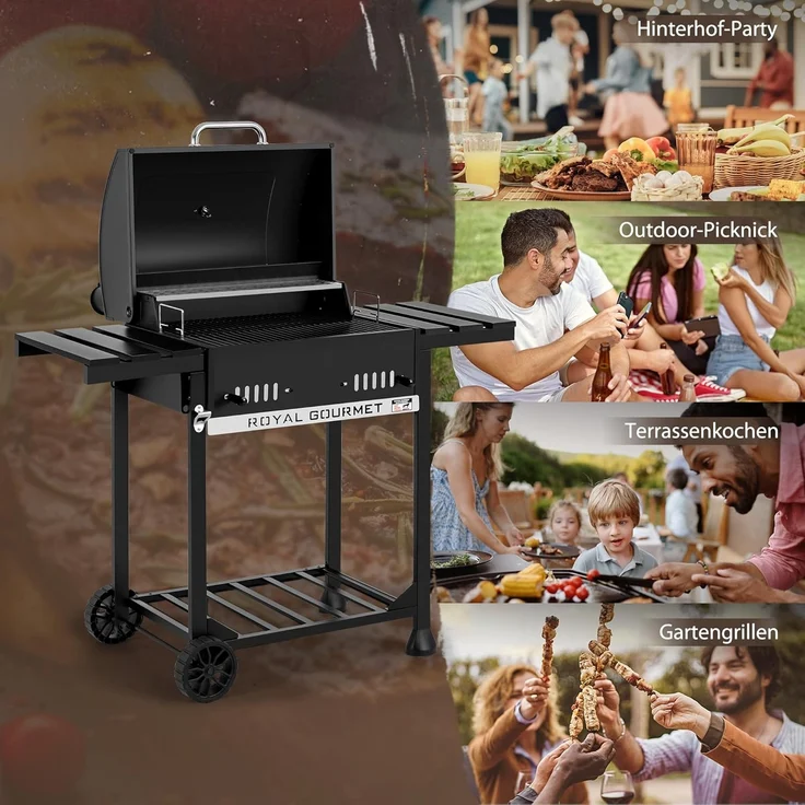 Royal Gourmet Holzkohlegrill Grillwagen mit klappbaren Seitenablagen, Smoker Standgrill mit Decekl, Thermometer, Kohlegrill Schwarz – Bild 8