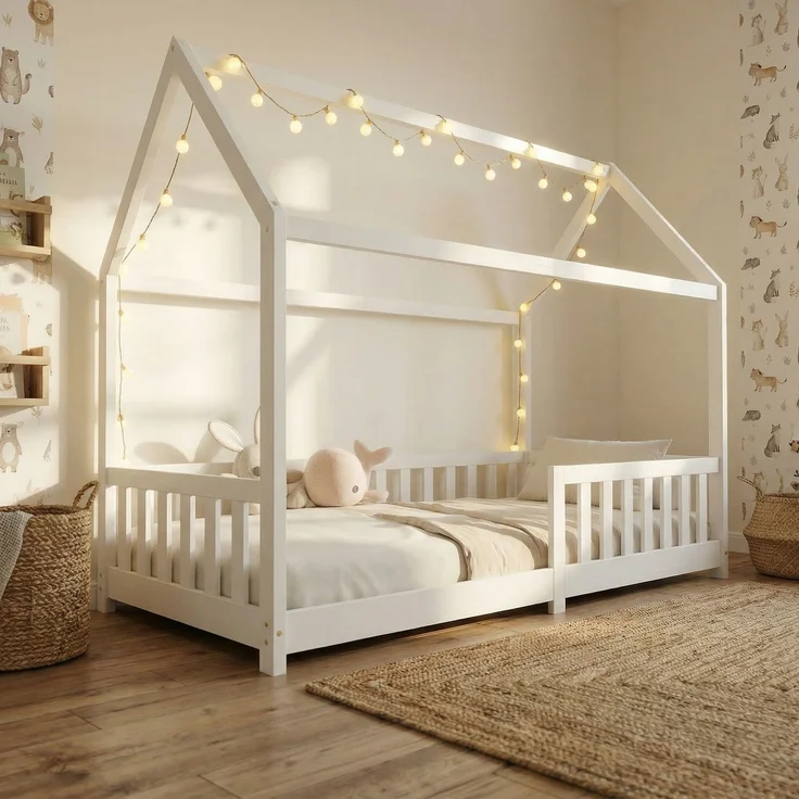 ecoMI Hausbett mit Rausfallschutz und Lattenrost, Kiefernholz weiß, 80x160 cm – Bild 8