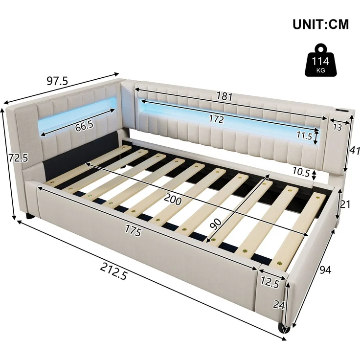Merax Hydraulisches Polsterbett mit Ladefunktion, LED und Stauraum, Leinen Beige, 90 x 200 cm – Bild 4
