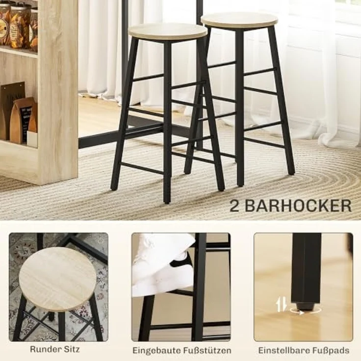 HOMCOM Bargruppe Küchentresen mit 2 Barstühlen, Fußstütze und verstellbaren Ablagen, (Bartisch mit Barhocker Set, 3-tlg, Bartisch-Set), im Modern-Stil, platzsparend, für Esszimmer, Küche, Stahl, Eiche – Bild 4