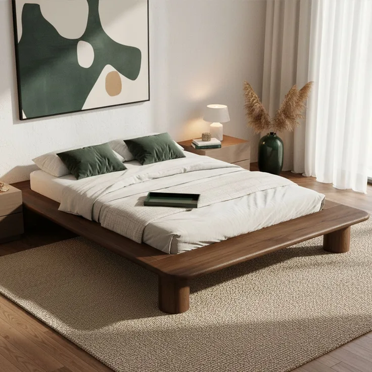 skølm 'Vestri' Futonbett 140x200 cm, Bettgestell aus Eiche Massivholz, Walnuss Optik lackiert, Massivholzbett 25 cm hoch, geeignet als Doppelbett