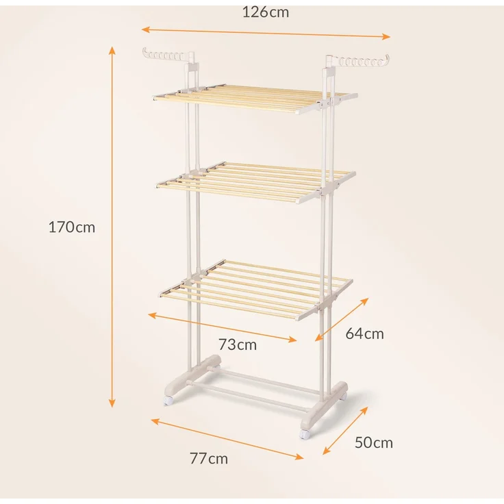Todeco Wäscheständer Turm Klappbar 3 Ebenen, Metallrohre in Holzmaserung mit schwenkbaren Flügeln, Rahmen in Elegante Latte‑Elfenbein, Harmony Collection Turmwäscheständer auf Rollen – Bild 2