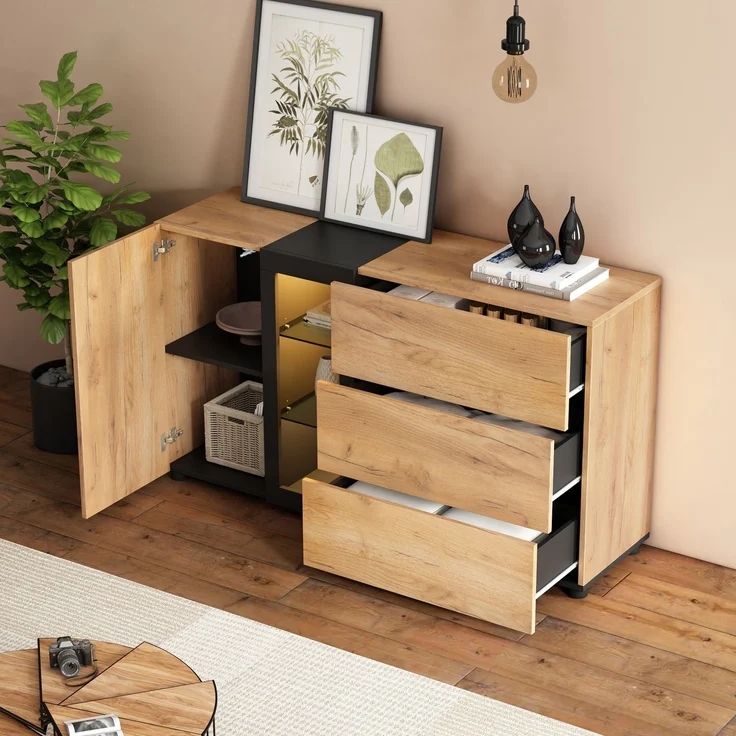 DESVIAE Sideboard mit LED-Beleuchtung und 3 Schubladen, 140x80x40 cm, Spanplatte, Braun/Schwarz – Bild 2