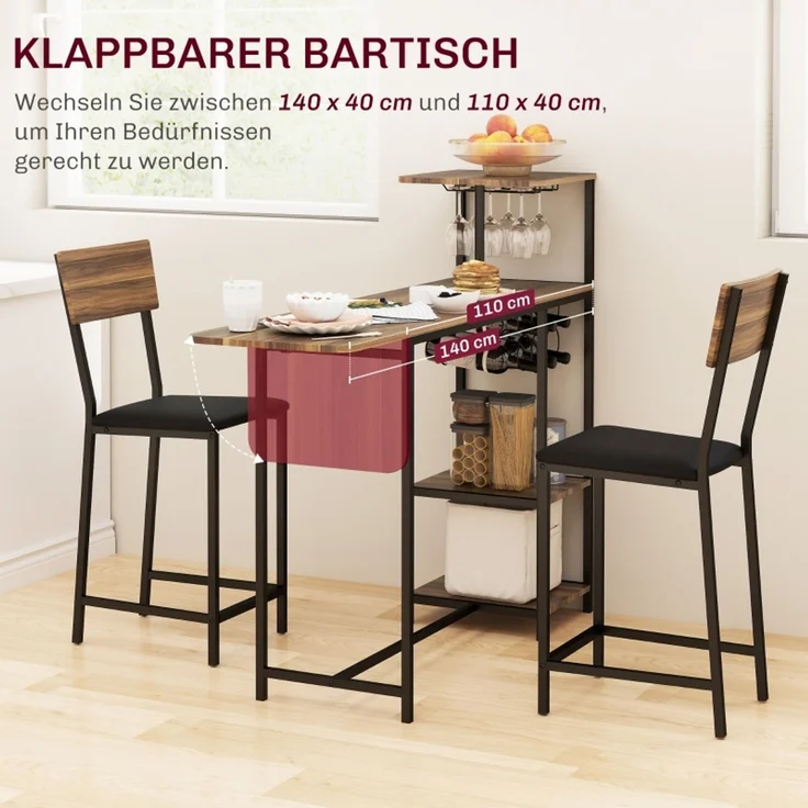 Bartisch mit Barhocker Set, 3-tlg, Bartisch-Set mit Klappbar Küchentisch, Weinglashalter Weinregal Ablage 2 Barstühlen, Stahlrahmen, im Modern, Essgruppe für Esszimmer, Küche, Braun--Braun--140x40x116cm--YOUDENOVA – Bild 3