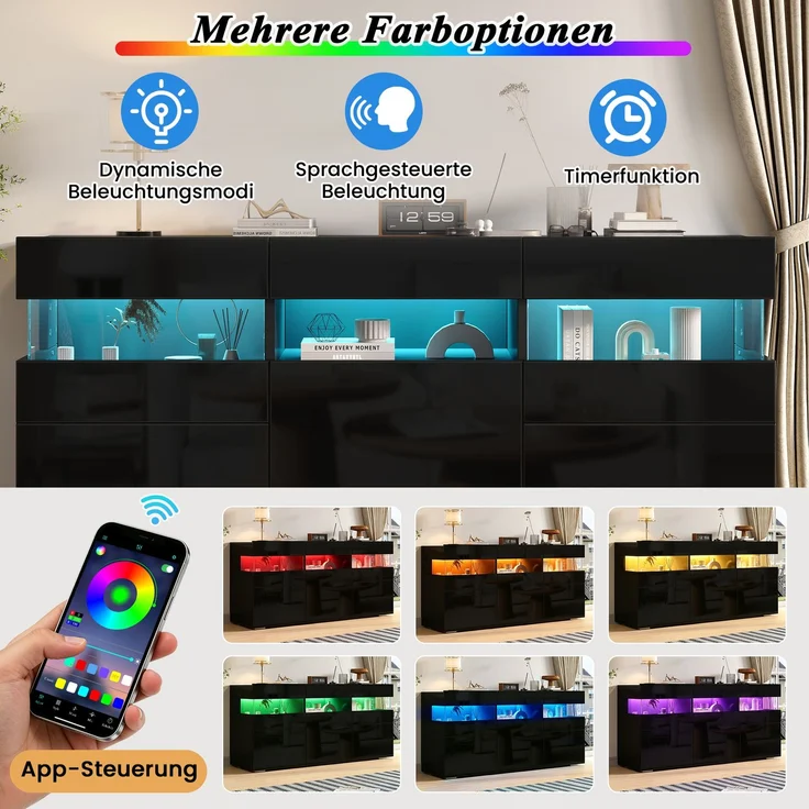 Merax 140cm Wohnzimmer-Sideboard, Kommode mit 3 Türen, Hochglanz-Wohnzimmerschrank mit LED-Lichtleiste, Transparentes Acrylgehäuse, Schrank mit 7 Ablagefächern, Schwarz – Bild 8