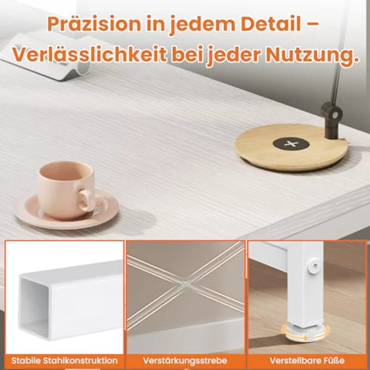 Sweetcrispy Schreibtisch mit Seitlichem Regal & Verstellbaren Füßen, 120 cm breiter Bürotisch, Starker Computertisch mit Ablagefläche, Einfacher Montage, Weiß – Bild 6