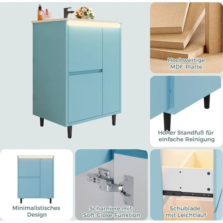 61*46.5*87cm, freistehender Badezimmerwaschtisch, komplett lackierte Oberfläche, integriertes Keramikbecken, Soft-Close-Scharniere, zwei Schubladen, hohes Fußdesign, blau. – Bild 9