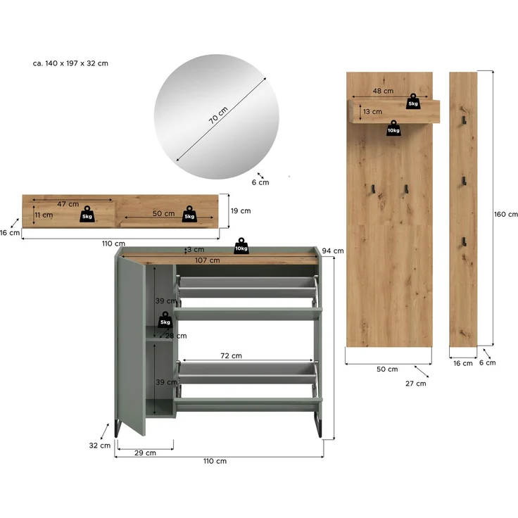 Garderobenkombination B/H/T: 197x236x32 cm in Salbei Nachbildung und Artisan Oak Nachbildung – Bild 4
