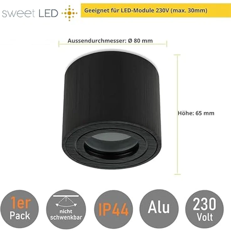 Sweet Led Aufbauspot IP44 flach Schwarz Rund – GU10 Deckenstrahler 230V für Bad & Küche – Feuchtraum geeignet – ohne Leuchtmittel – Bild 4