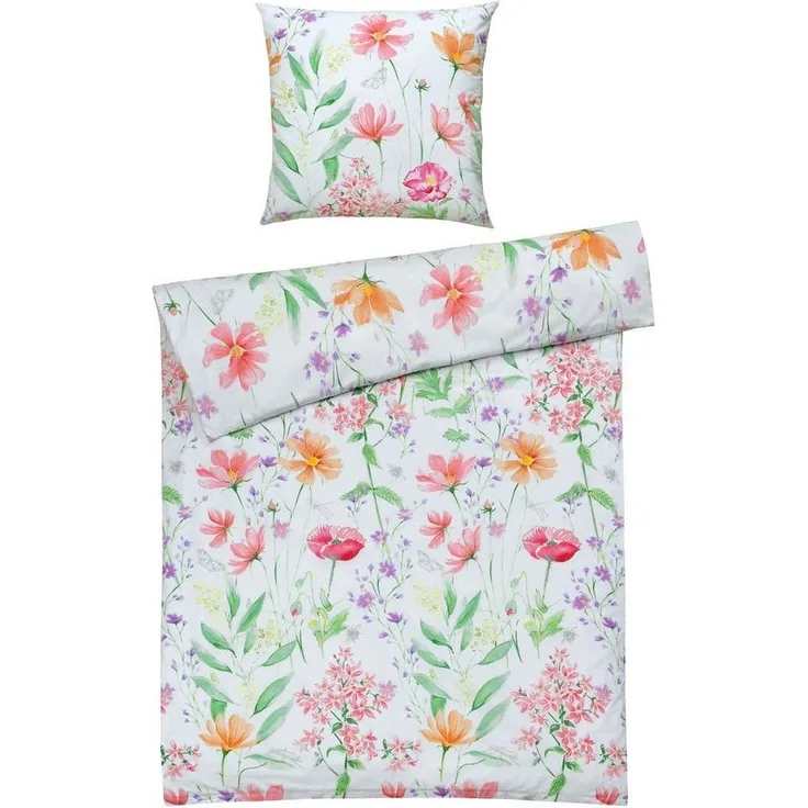 casa NOVA Bettwäsche DALIA, 135 x 200 cm, Weiß, Bunt, Blumen, Renforcé, 2 teilig, mit Reißverschluss