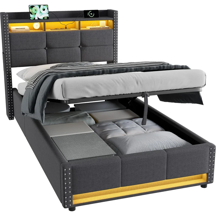Einzelbett 90x200 cm mit LED-Beleuchtung, Ladefunktion und hydraulischem Stauraum – ohne Matratze – Bild 6