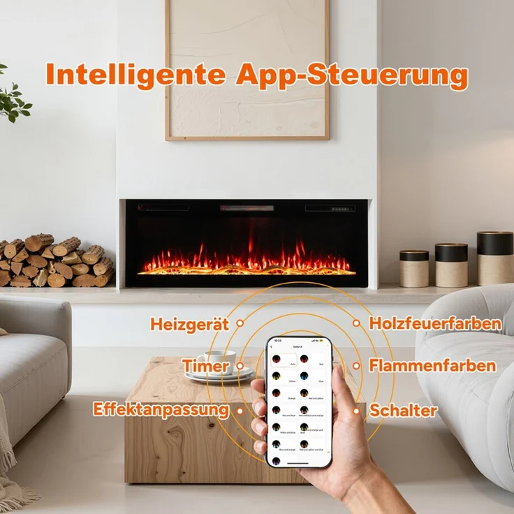 HOMAVO Elektrokamin mit 1000W/2000W Heizung, 12 3D-Flammenfarben, 36" - Stand, Einbaukamin / 50" - Wand, Einbaukamin, App-Steuerung(50") – Bild 4