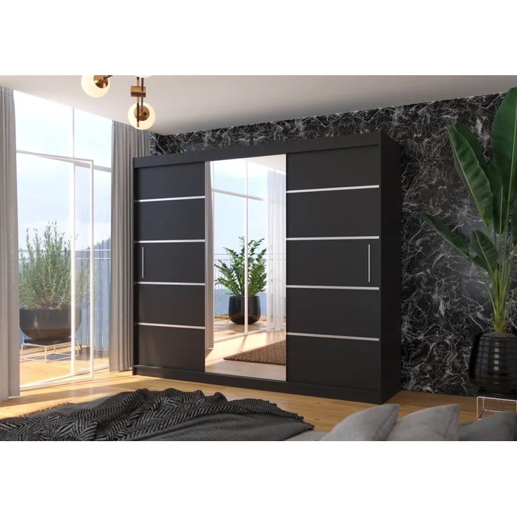 Schiebetürenschrank Schrank Nr. 500 in Schwarz -Spiegel 250 x 215 x 58 cm