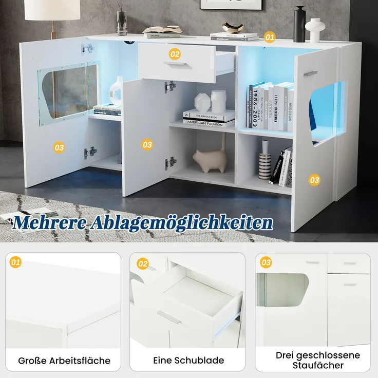 DESVIAE Sideboard Weiß aus MDF – 140x70x33 cm – 3 Türen, Schublade, LED-Beleuchtung – Bild 5