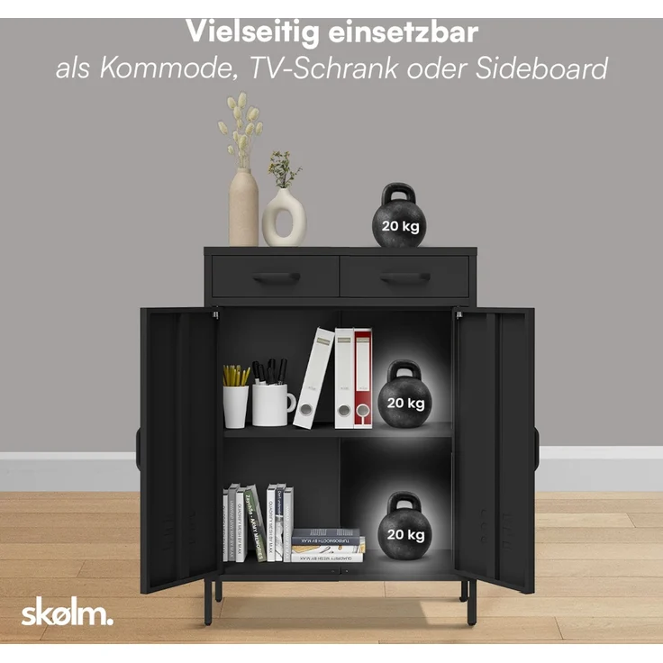 skølm 'Atria' Metallkommode, schwarz, 110x38x80 cm, mit 2 Schubladen und 2 Fächern – Bild 6