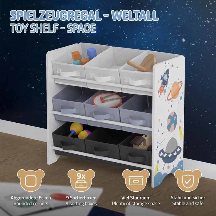 Joyz Spielzeugtruhe Kinderregal Kindermöbel Kinderzimmerregal Spielzeug Spielzimmer Möbel, Weltraum Bücherregal mit 9 Boxen & 3 Etagen Pressspan / Vlies – Bild 4