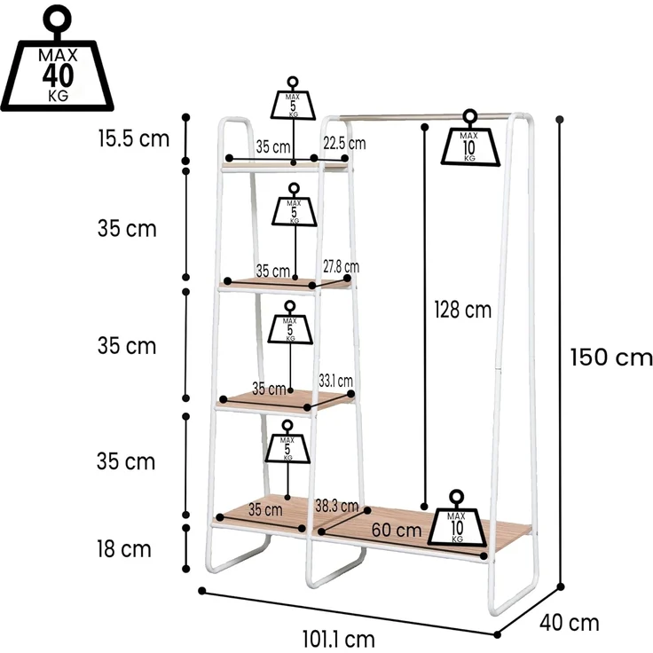 Iris Ohyama Kleiderständer mit Holzregalen, 4 Ebenen, Weiß, Modernes Design, Robuster Rahmen, rutschfest, Für Schlafzimmer, Studio, Schrank, Kleidung & Schuhe, Wäscheständer, Einfacher Aufbau, PI-B3 – Bild 8
