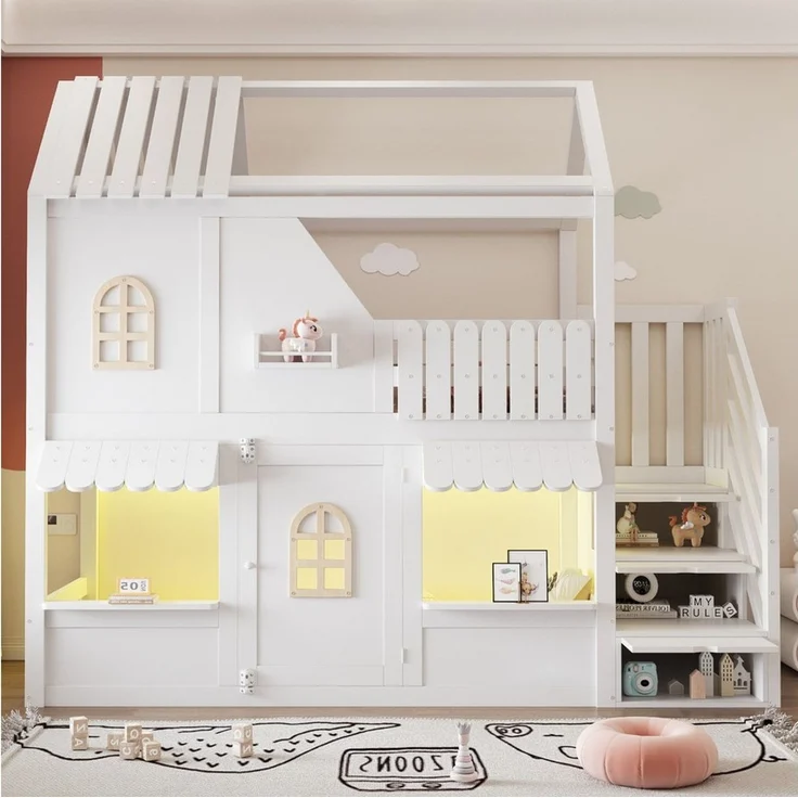 Flieks Etagenbett, Kinderbett Haus-Design 90×200cm mit Stauraumtreppe LED-Beleuchtung – Bild 3