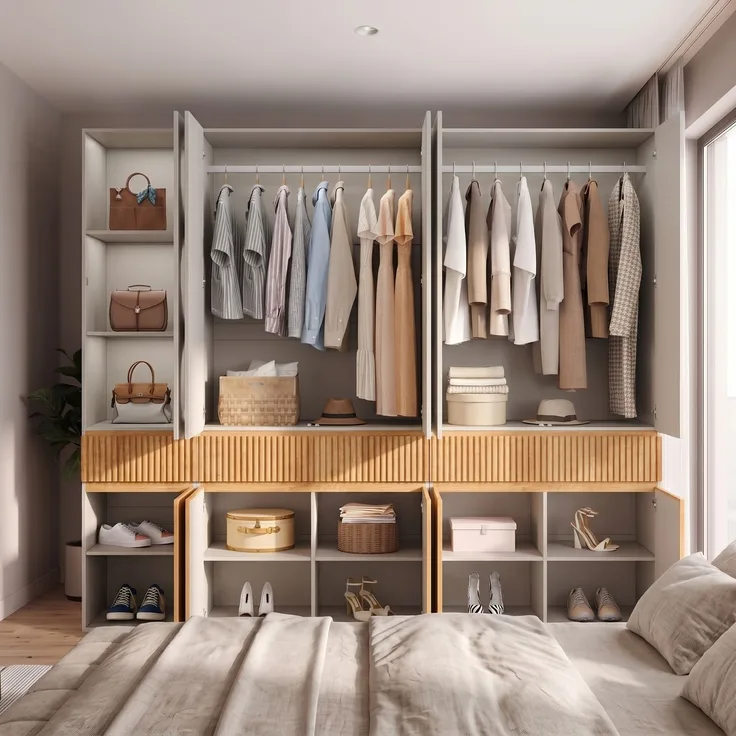 Drehtürenschrank 225 x 50 x 200 cm in heller Eichenoptik mit 10 Türen und 3 Schubladen
