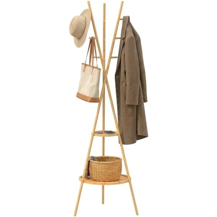 HOMCOM Garderobenständer Jackerständer Garderobe mit 9 Haken, für Flur, Eingangsbereich, (Set, 1 St, 1), aus Bambus, 2 Ablagefächer – Bild 1