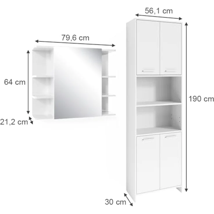 Vicco Badmöbelset Maris, Hochschrank und Spiegelschrank in Weiß mit höhenverstellbaren Einlegeböden und Melaminharzbeschichtung – Bild 3