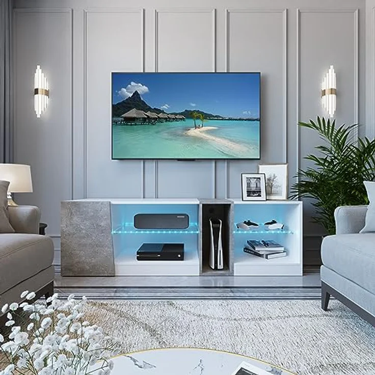 Mondeer TV Schrank, LED TV Lowboard Fernsehtisch mit 5 offenen Fächern und 1 Tür Geeignet, für Wohnzimmer Schlafzimmer, B140 x H45 x T37,5 cm, Weiß und Grau – Bild 6