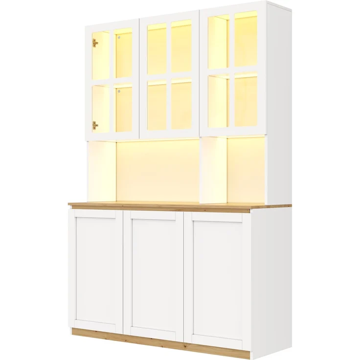 ZUBALIYA Vitrinenschrank 120x200cm, Buffetschrank mit LED-Beleuchtung, Küchenschrank mit Glasrahmentüren, Weiß mit Holzoptik, großer Wohnzimmerschrank als Barschrank, Geschirrschrank und Aufbewahrungsschrank – Bild 8