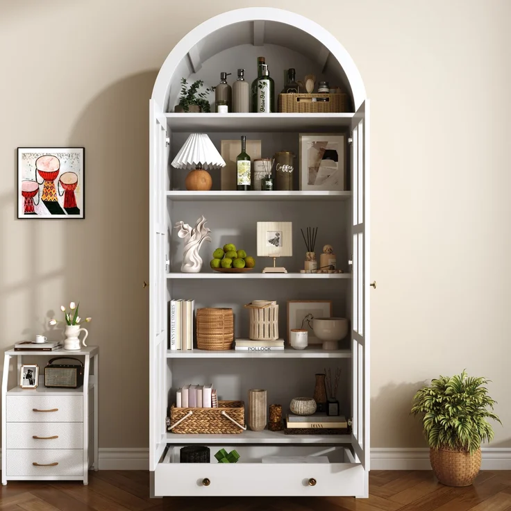 Moderner bogenförmiger Standhochschrank mit mehreren Regalebenen & Schublade – Multifunktionale Vitrine & Regalschrank mit höhenverstellbaren Einlegeböden für Wohnzimmer, Arbeitszimmer und Esszimmer--Weiß--75x35x170.5cm--YOUDENOVA – Bild 5
