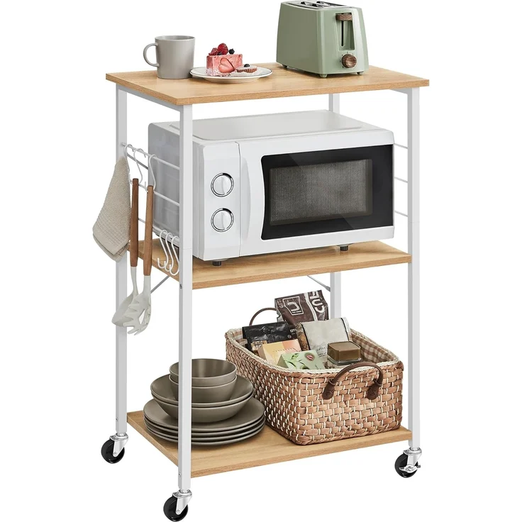 VASAGLE Küchenregal auf Rollen, Servierwagen, 3 Ebenen, Küchenwagen, für Mini-Backofen, Mikrowellen, Metallrahmen, 6 Haken, 40 x 60 x 89 cm, goldeichenfarben-wolkenweiß KKS060Y09 – Bild 1