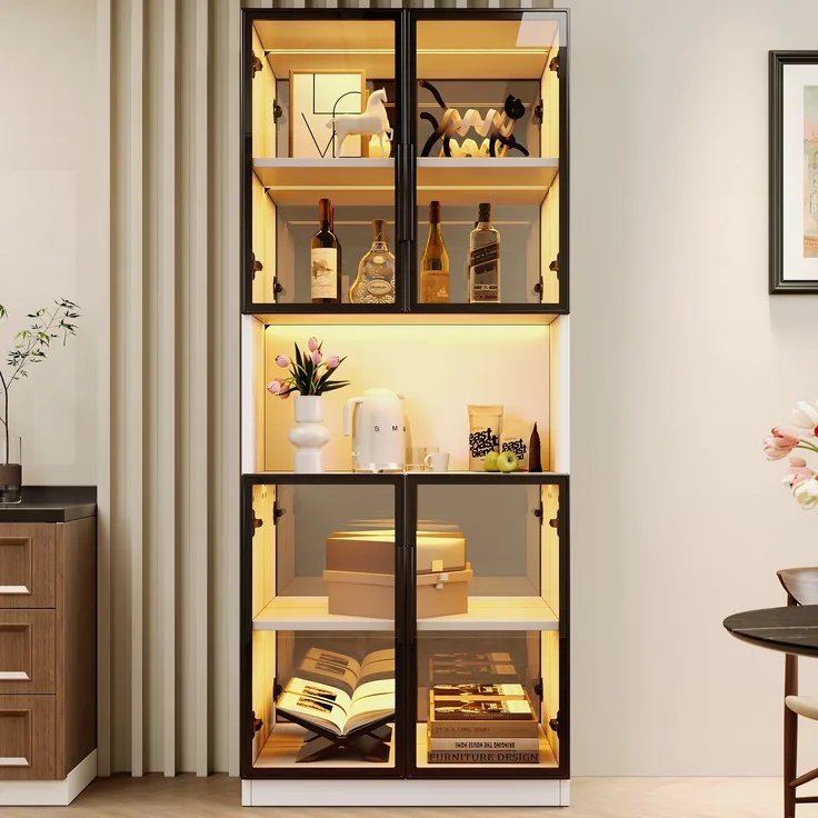 Glasvitrine 70 × 30 × 170 cm mit LED-Beleuchtung und Spiegelrückwand, Vitrinenschrank mit grauen ESG-Glastüren, MDF, Ausstellungsschrank für Wohnzimmer, Küche und Esszimmer--Weiß--70x30x170cm--YOUDENOVA