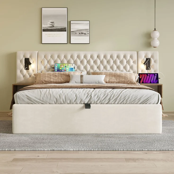 Polsterbett 180x200 cm Beige mit Kopfteil, Nachttischen, LED-Leselampe & Stauraum, hydraulisch verstellbar, USB Type-C Ladefunktion – Bild 5