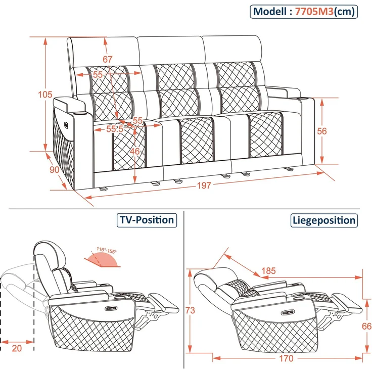 M MCombo 3 Sitzer Fernsehsessel Elektrisch Verstellbar, Zero-Gravity-Kinosessel mit LED, Verstellbare Kopfstütze, 3 Sitzer Sofa mit Schlaffunktion, 7705 (Schwarz) – Bild 3