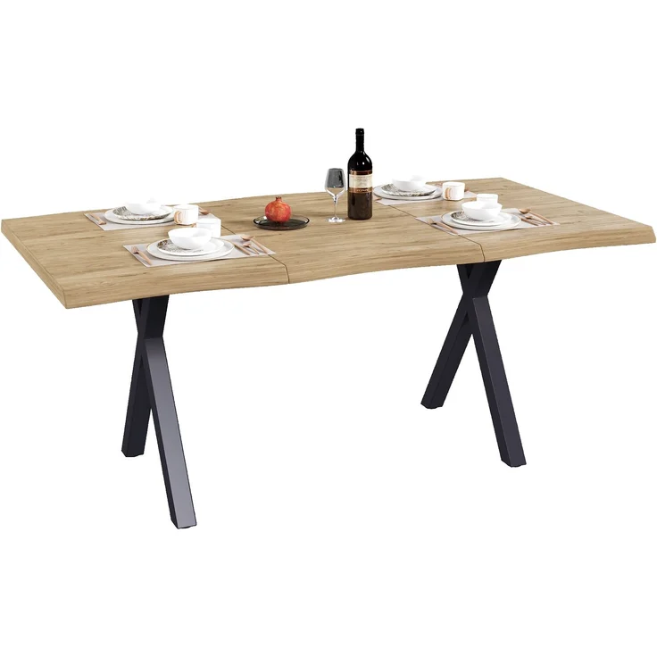 Merax Esstisch 160*78*75cm, geeignet für 4-6 Personen, Wellenförmiges Tischplattendesign, verdickte Tischplatte, X-förmige Eisenbeine, Holzfarbe – Bild 10