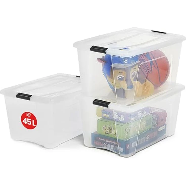 Iris Ohyama Aufbewahrungsboxen mit Deckel, 45L, 3er-Set, Transparent, Sicherer Verschluss, Stapelbar, Griffe, Schlafzimmer, Schrank, Büro, Organisation, BPA-freies Plastik, Ordnungsboxen, NTB-45 – Bild 1