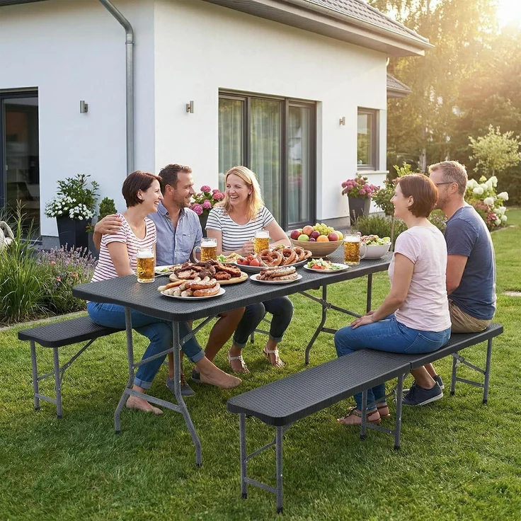 Sekey Buffettisch Tisch Klappbar Kunststoff 180 cm Campingtisch mit Tragegriff Partytisch Klapptisch Gartentisch für Garten Terrasse und Balkon, Schwarz Rattanoptik – Bild 2