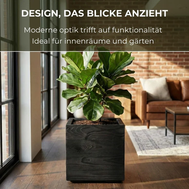 LAMELA Pflanzkübel mit Rollen 40 cm, 36L – Blumentopf aus Kunststoff in Holzoptik – Übertopf mit Wasserablauf – Modern für Innen & Außen - Wetterfest & Pflegeleicht, Schwarz – Bild 3