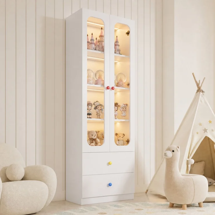ZUBALIYA Glasvitrine, Aktenschrank, Sammelfiguren-Vitrine, 4 Ebenen Spielzeugschrank mit 2 Schubladen, RGB-LED-Beleuchtung per App steuerbar, Kindermöbel, bunte kugelförmige Keramikgriffe, weiß, 60x35x170 cm – Bild 19