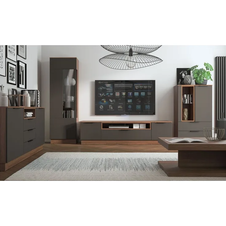 Wohnzimmer-Set 5-teilig Alicante Anbauwand mit Couchtisch walnussfarben schwarzgrau